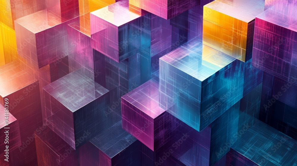 Colorful abstract cubes arranged in a 3D grid with vibrant lighting effects and depth Colorful abstract cubes arranged in a 3D grid with vibrant lighting effects and depth