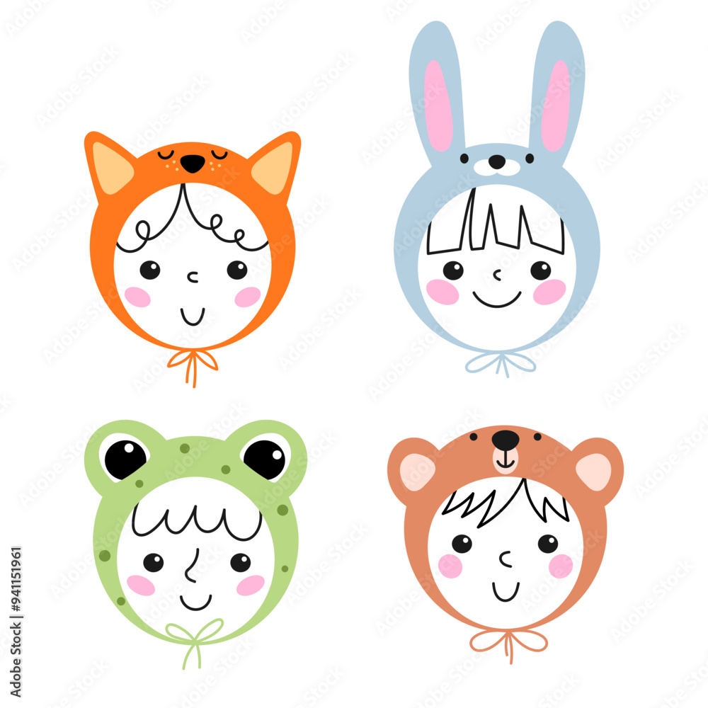 Fototapeta premium Baby faces in animal hat