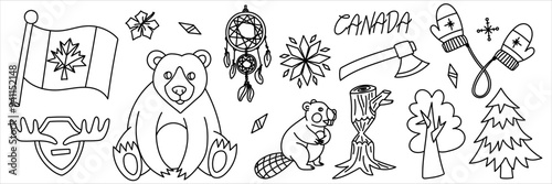 set of vector doodle illustrations on a Canadian theme in a flat contour style. Canada Day. Individual objects, animals on a white background. It is ideal for creating souvenirs and printed products.