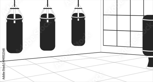 Martial arts gym empty black and white line illustration. Exercise room with punching bags 2D monochrome backdrop. Kickboxing karate practice schoolroom. Boxing bags sport center outline vector