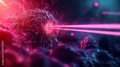Laser beams targeting cancer cells, representing precision in targeted therapy.