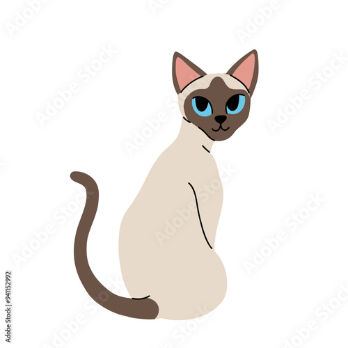 Flat cartoon set of siamese oriental cats in various poses isolated on white background. Vector collection of Cats sitting, standing, resting, playing.