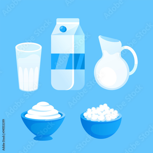 Illustration featuring dairy products in various containers, promoting a healthy and balanced diet
