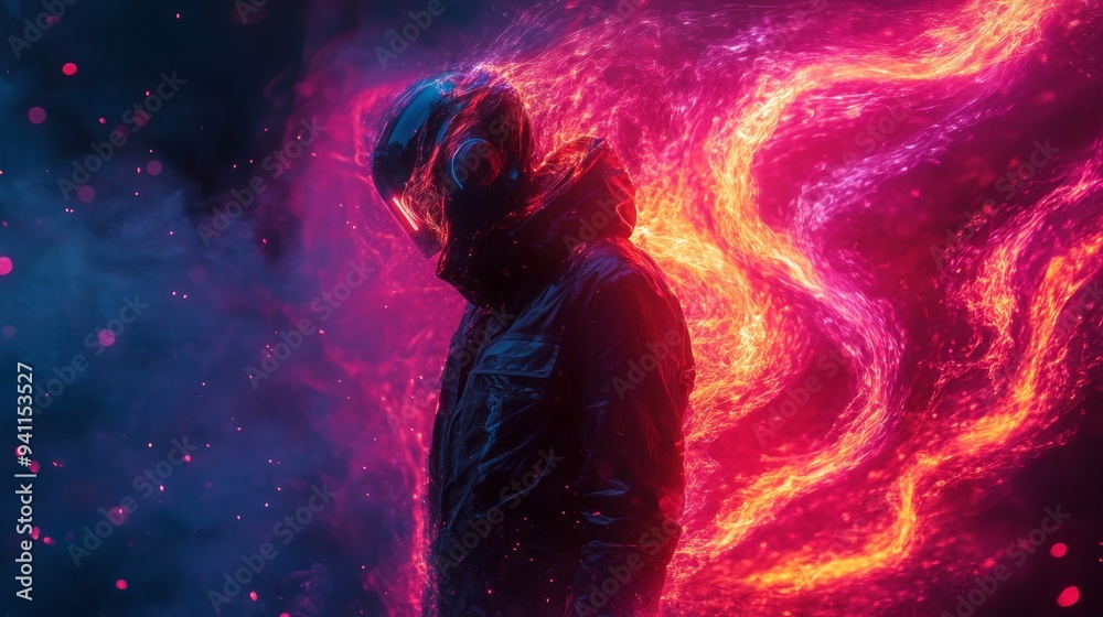 Futuristic figure in a dark suit with a glowing visor helmet standing in a neon-lit cityscape at night Futuristic figure in a dark suit with a glowing visor helmet standing in a neon-lit cityscape at night