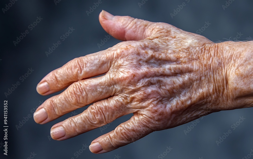 Fototapeta premium Closeup of an elderly woman's hand with wrinkled skin and visible veins.