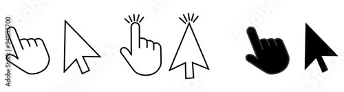 Cursor icons set in hand, arrow and mouse forms, mouse click cursor set, arrow and hand pointer 