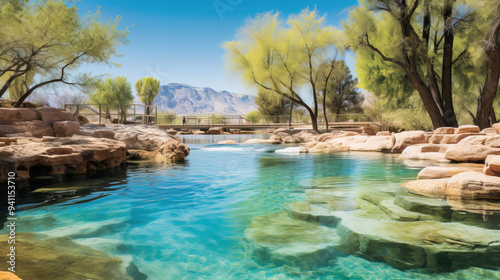 Serene Desert Oasis: Crystal Clear Water and Mountain Views