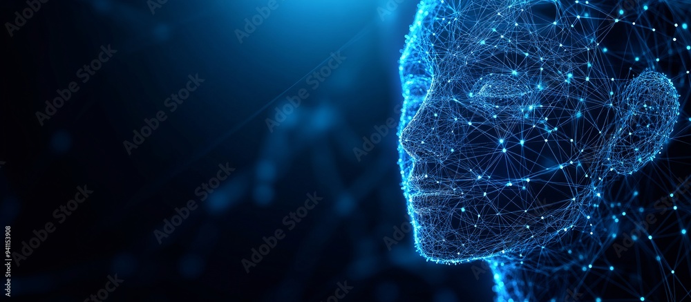An abstract image of a digital human face made up of data points and lines representing AI-driven identity recognition Stock Photo with copy space An abstract image of a digital human face made up of data points and lines representing AI-driven identity recognition Stock Photo with copy space