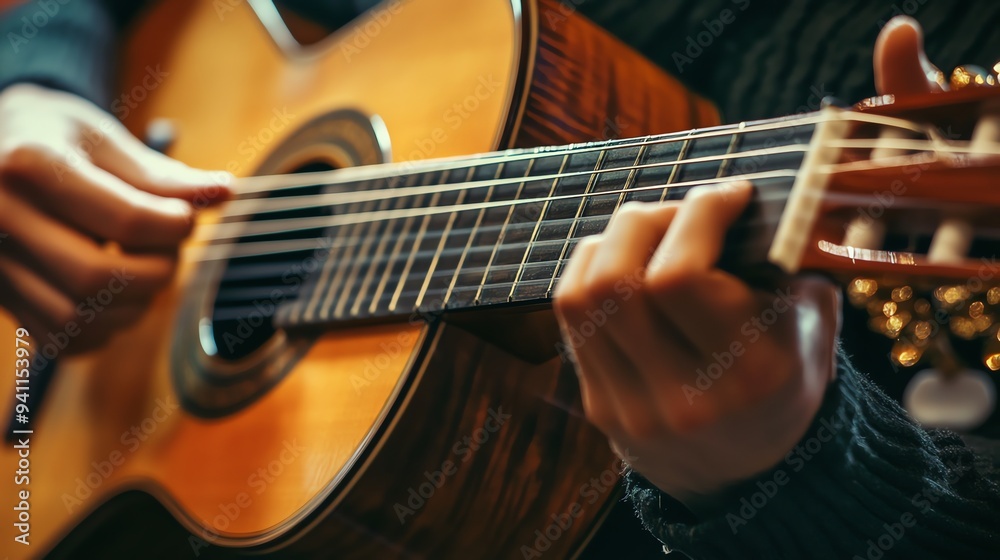 Fototapeta premium A musician plays an acoustic guitar.