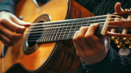 A musician plays an acoustic guitar.