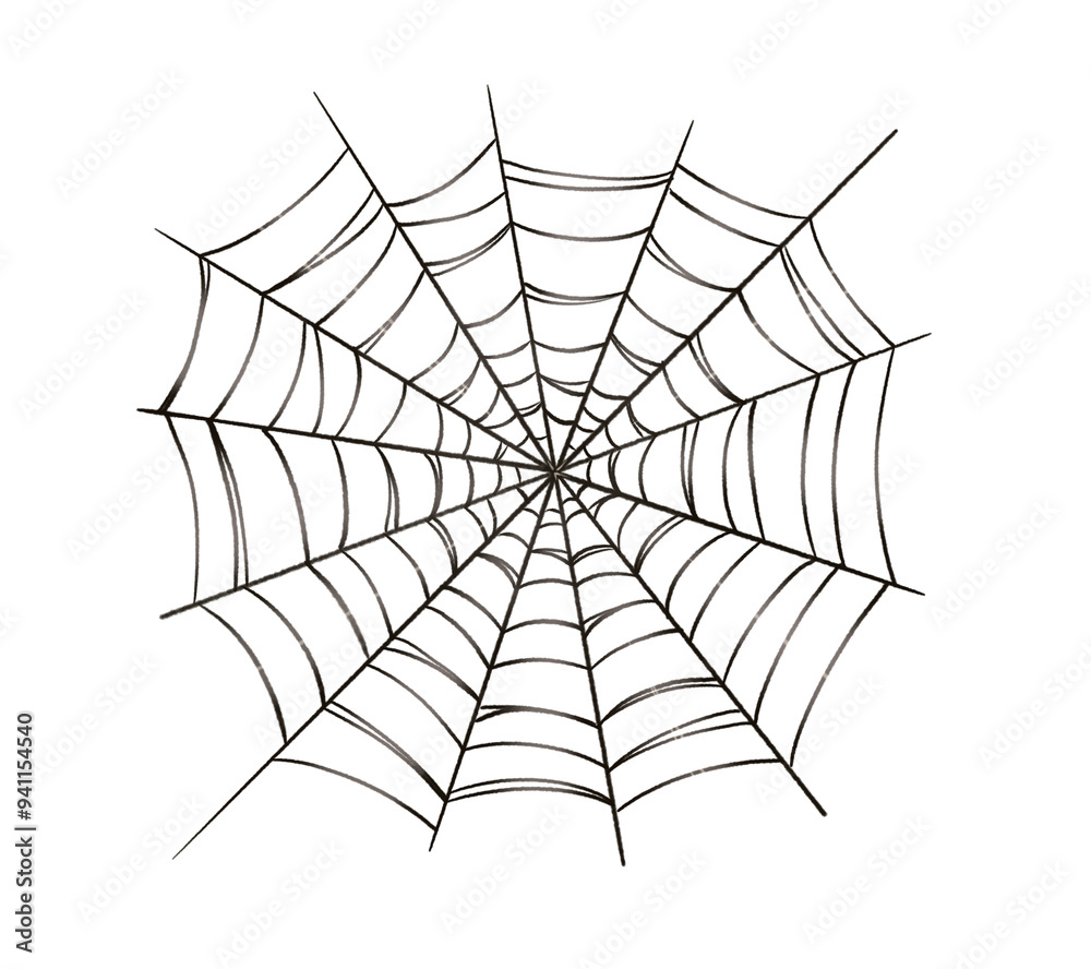 Obraz premium Spider web circle black with reflection in cartoon style. Hand drawn dark Halloween decor of silk threads outline illustration. Isolated drawing for autumn graphic and spooky season designs.