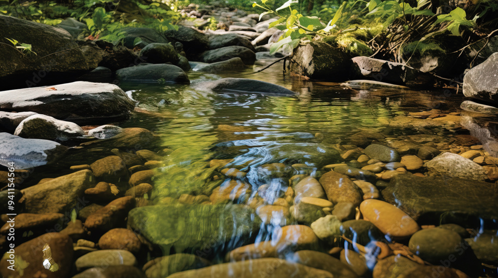 Fototapeta premium Serene Forest Stream with Clear Water and Smooth Riverbed Stones