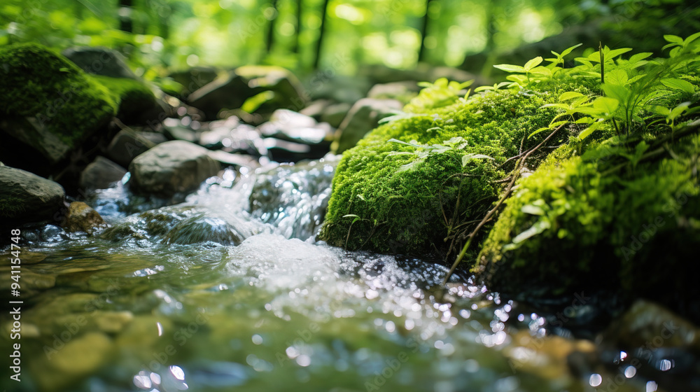 Serene Forest Stream with Lush Moss and Sunlight Serene Forest Stream with Lush Moss and Sunlight