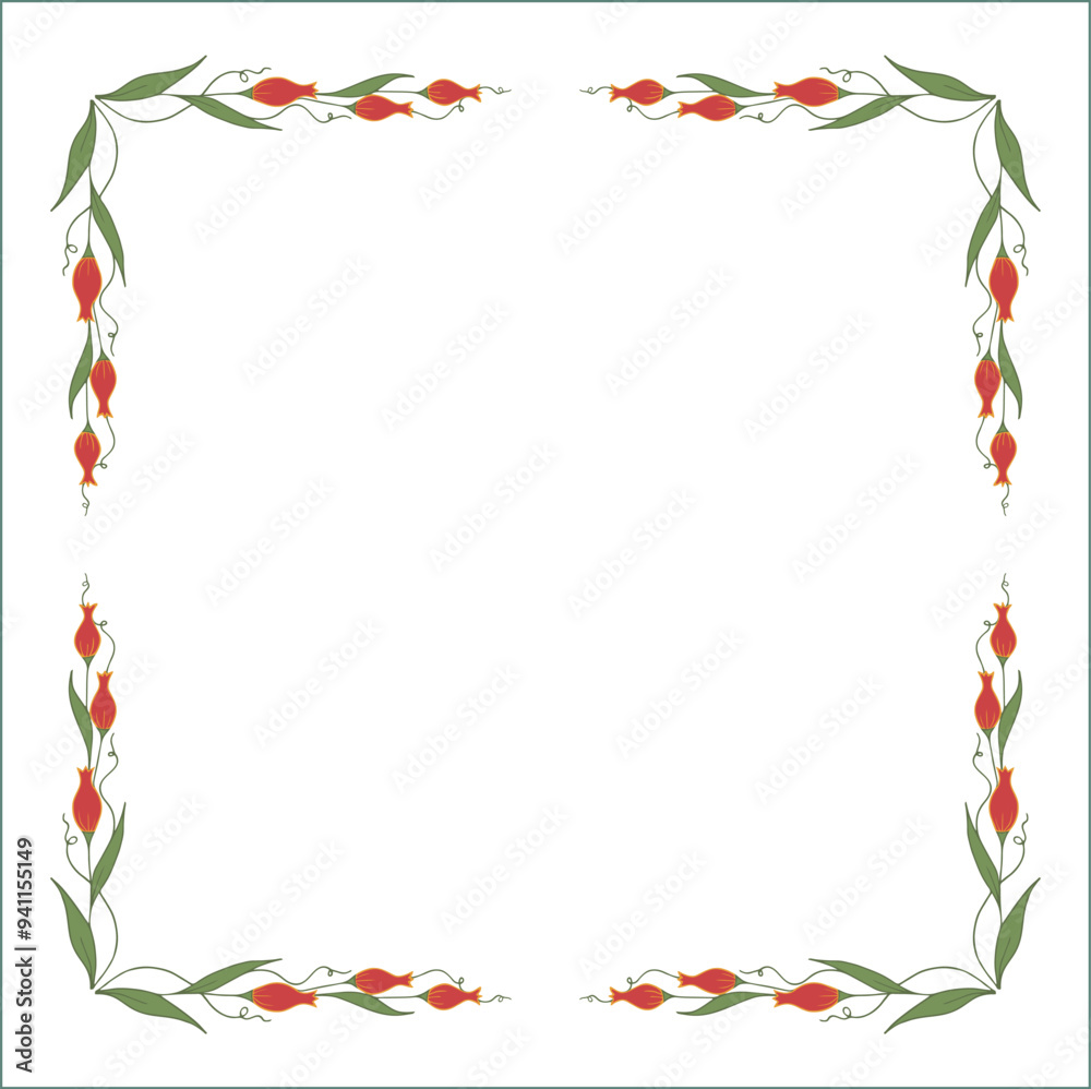 Obraz premium Green vegetal floral frame with leaves and red flowers, decorative corners for greeting cards, banners, business cards, invitations, menus. Isolated vector illustration. 