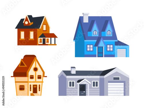 Set of colorful residential houses with garage and chimney, different architecture styles for city and village