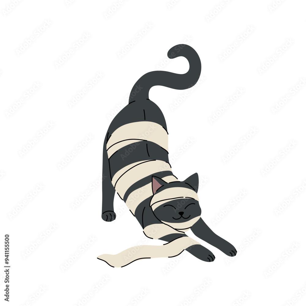 Flat cartoon set of cute cats in halloween costumes. Black cat in paper as mummy, grey tabby cat in witch hat, bengal rosette cat with bats wings. Vector halloween illustration. Flat cartoon set of cute cats in halloween costumes. Black cat in paper as mummy, grey tabby cat in witch hat, bengal rosette cat with bats wings. Vector halloween illustration.