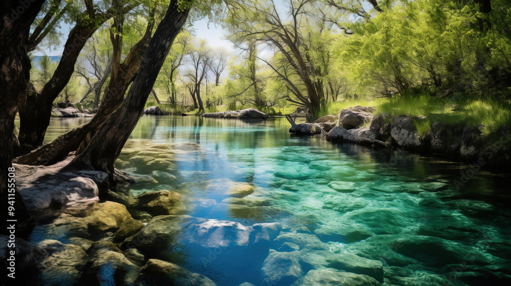 Serene River Landscape with Crystal Clear Water and Lush Greenery