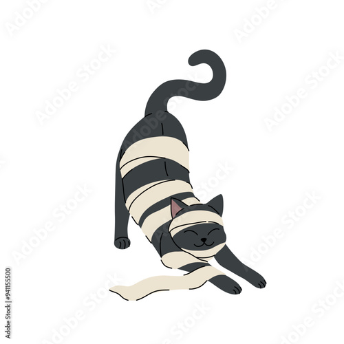 Flat cartoon set of cute cats in halloween costumes. Black cat in paper as mummy, grey tabby cat in witch hat, bengal rosette cat with bats wings. Vector halloween illustration.