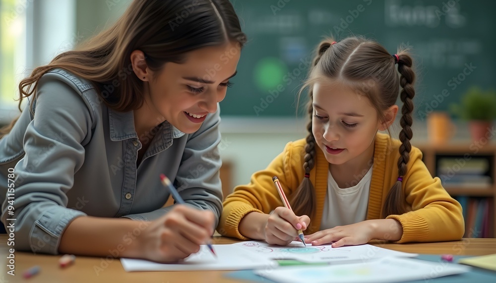 Teacher helping girl in classroom for knowledge, helping schoolgirl and teach her to draw. Education concept, school concept, back to school, Teacher helping girl in classroom for knowledge, helping schoolgirl and teach her to draw. Education concept, school concept, back to school,