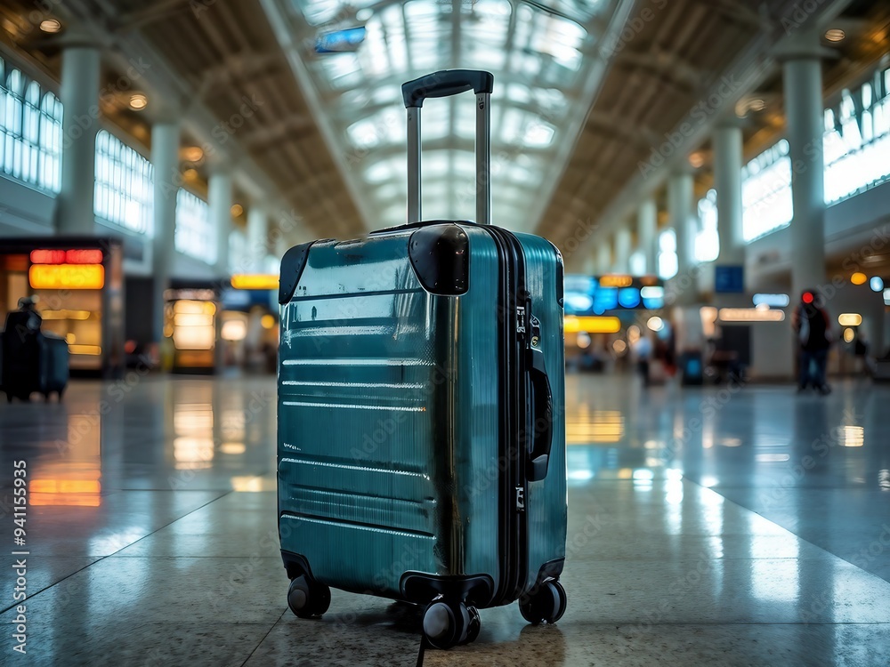 Blue suitcase in airport terminal Blue suitcase in airport terminal