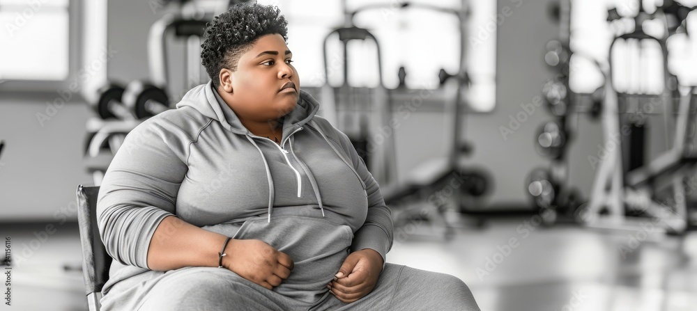 Overweight Individual Taking a Timeout, Resting Pensively During Fitness Journey at the Gym Overweight Individual Taking a Timeout, Resting Pensively During Fitness Journey at the Gym