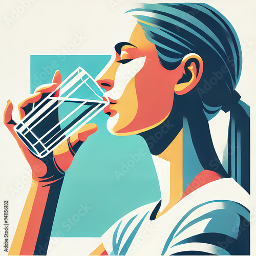 Woman Drinking Water Illustration  
