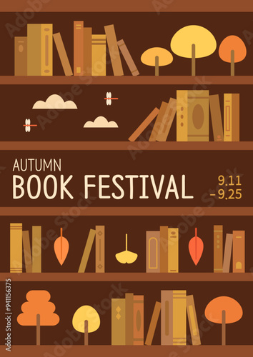 Bookshelf full of books and autumn elements. Autumn book festival event poster. Flat vector illustration banner. 