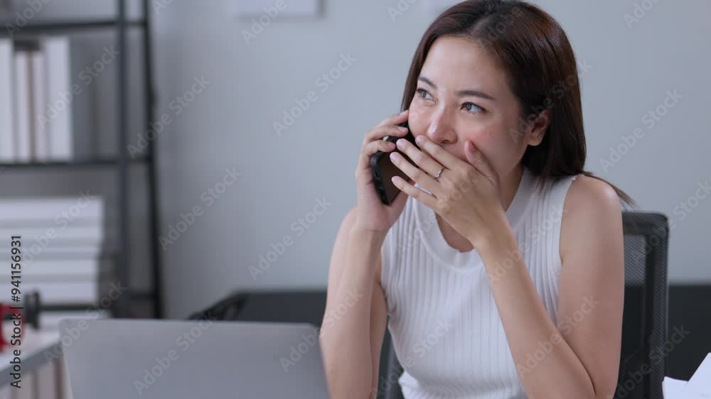 Asian freelancer woman engages in a phone conversation while seated in her home office. Her cheerful demeanor reflects a modern lifestyle of remote work and communication Asian freelancer woman engages in a phone conversation while seated in her home office. Her cheerful demeanor reflects a modern lifestyle of remote work and communication