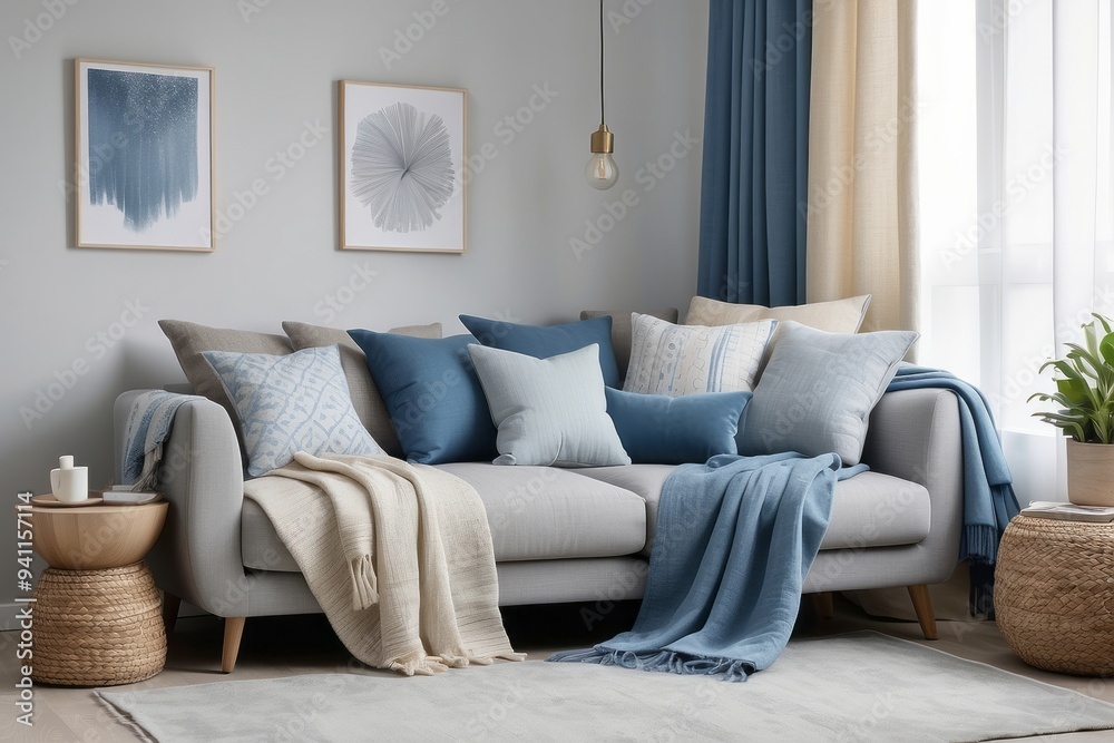 Modern Living Room Interior with Blue and Beige Accents Modern Living Room Interior with Blue and Beige Accents