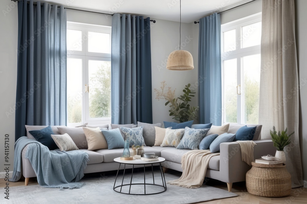 Fototapeta premium Modern living room with gray sectional sofa, blue curtains, and throw blankets