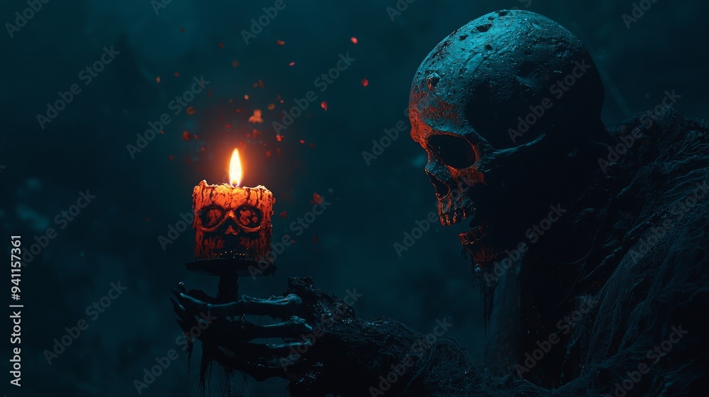 Dark, twisted Grim Reaper figure holding a skull-shaped candle, with its flame flickering in a haunted house, perfect for Halloween horror scenes Dark, twisted Grim Reaper figure holding a skull-shaped candle, with its flame flickering in a haunted house, perfect for Halloween horror scenes