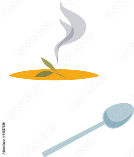 A steaming bowl of soup with a leaf garnish and a spoon, symbolizing warmth and nourishment.