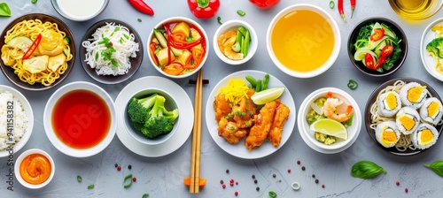 Assortment of Asian food with rice, noodles, vegetable, fish and sushi on gray background