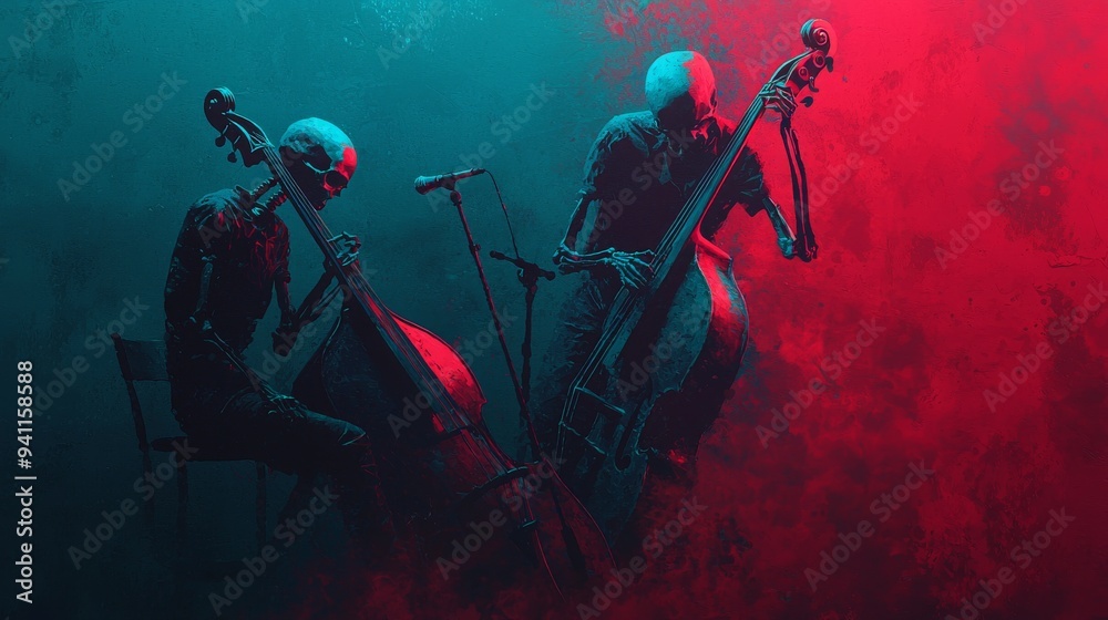 Skeletons playing instruments in a jazz club, shadows swaying to the music, a dark and moody atmosphere with vibrant energy Skeletons playing instruments in a jazz club, shadows swaying to the music, a dark and moody atmosphere with vibrant energy