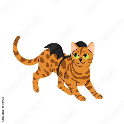Flat cartoon set of cute cats in halloween costumes. Black cat in paper as mummy, grey tabby cat in witch hat, bengal rosette cat with bats wings. Vector halloween illustration.