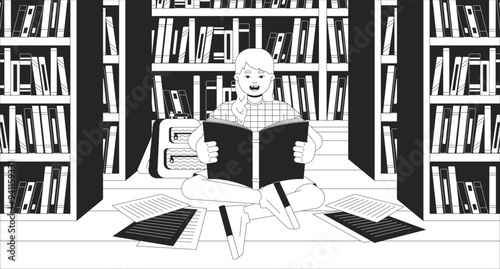 Preteen girl doing homework on library floor black and white line illustration. Little schoolgirl reading book 2D character monochrome background. Studying bookshelves outline vector image