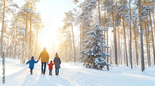 A family walking through a snowcovered forest, picking out their Christmas tree, with warm coats and scarves christmas background family warmth concept.