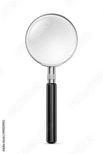 Magnifying glass with black handle isolated. 3D rendering illustration. Transparent PNG image.