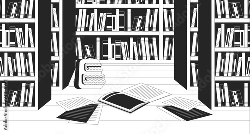 Books shelves library empty black and white line illustration. Rucksack notebooks scattered on floor 2D interior monochrome backdrop. Schoolbag homework papers bookshop bookstore outline vector