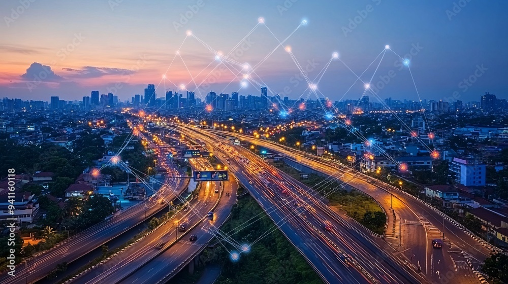 Fototapeta premium A smart city managed by AI with automated traffic systems and energy-efficient infrastructure Stock Photo with copy space