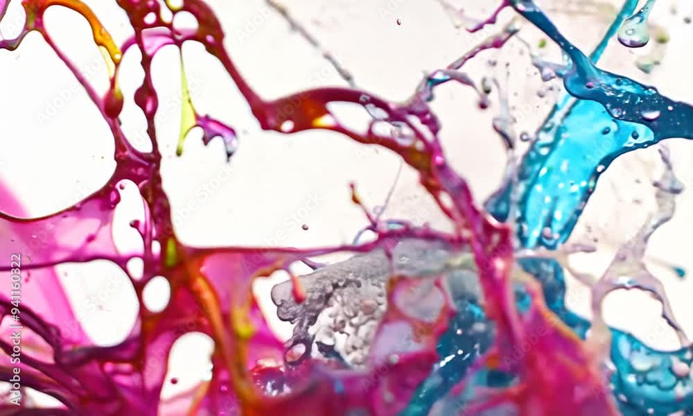 A splash of paint on a white background with a rainbow of colors. The colors are bright and vibrant, creating a sense of energy and excitement. The splatter of paint is chaotic and unpredictable
