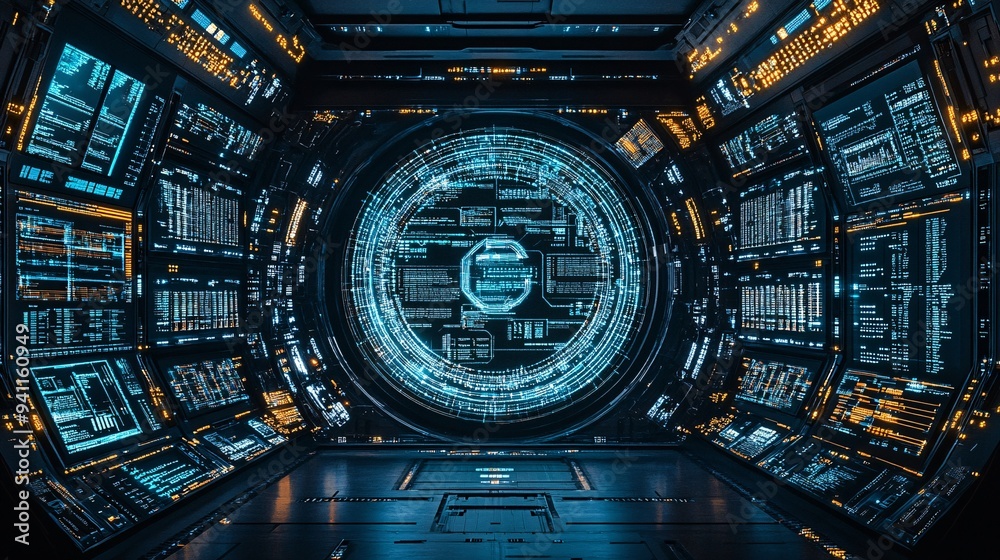 A futuristic office where AI algorithms manage and streamline business processes for maximum efficiency Stock Photo with copy space A futuristic office where AI algorithms manage and streamline business processes for maximum efficiency Stock Photo with copy space