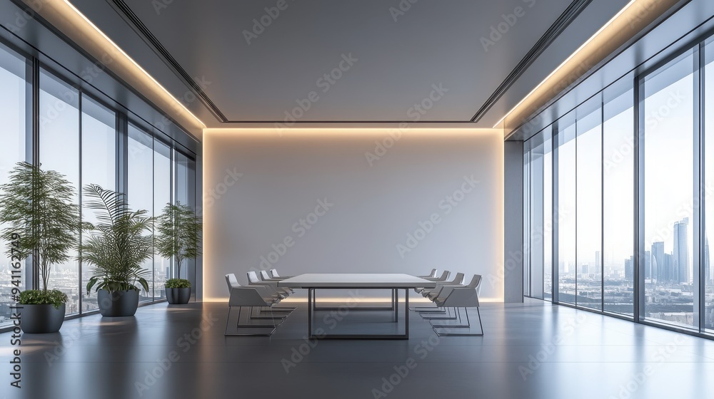Fototapeta premium Modern Minimalist Conference Room with Panoramic City Views and Natural Light