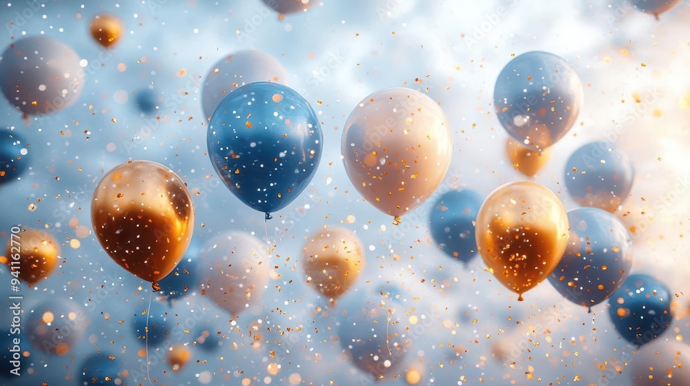 ethereal celestial celebration luminous sky blue and golden balloons float gracefully against a pristine white backdrop creating a dreamy otherworldly atmosphere ethereal celestial celebration luminous sky blue and golden balloons float gracefully against a pristine white backdrop creating a dreamy otherworldly atmosphere