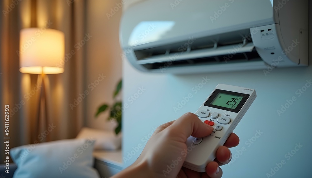 Adjusting air conditioner temperature with remote control. Hand holds remote control and setting comfortable temperature on climate system in apartment
Adjusting air conditioner temperature with remote control. Hand holds remote control and setting comfortable temperature on climate system in apartment