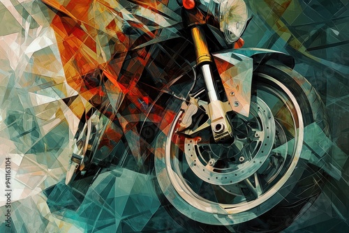 A colorful abstract painting of a motorcycle with a red stripe, futuristic and vibrant dynamic motion, Concept of excitement and freedom photo