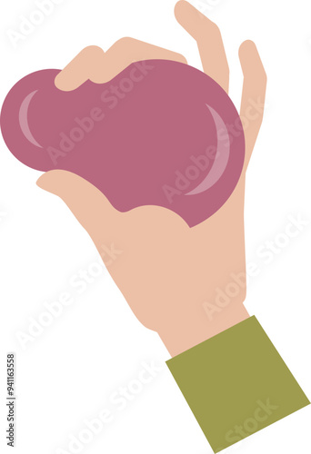 Hand squeezing a purple stress ball, symbolizing tension relief.