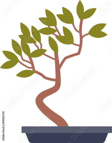 Illustration of a stylized Bonsai tree with lush green leaves in a simple pot, symbolizing tranquility and the art of miniaturization.