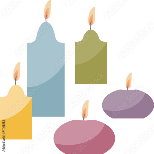 Colorful candles with lit wicks, symbolizing tranquility and decoration.
