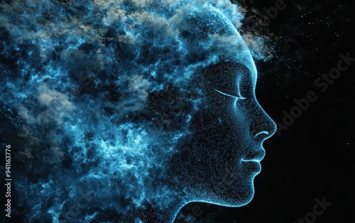 Abstract Blue Glowing Human Face Silhouette With Sparkling Particles on Black Background